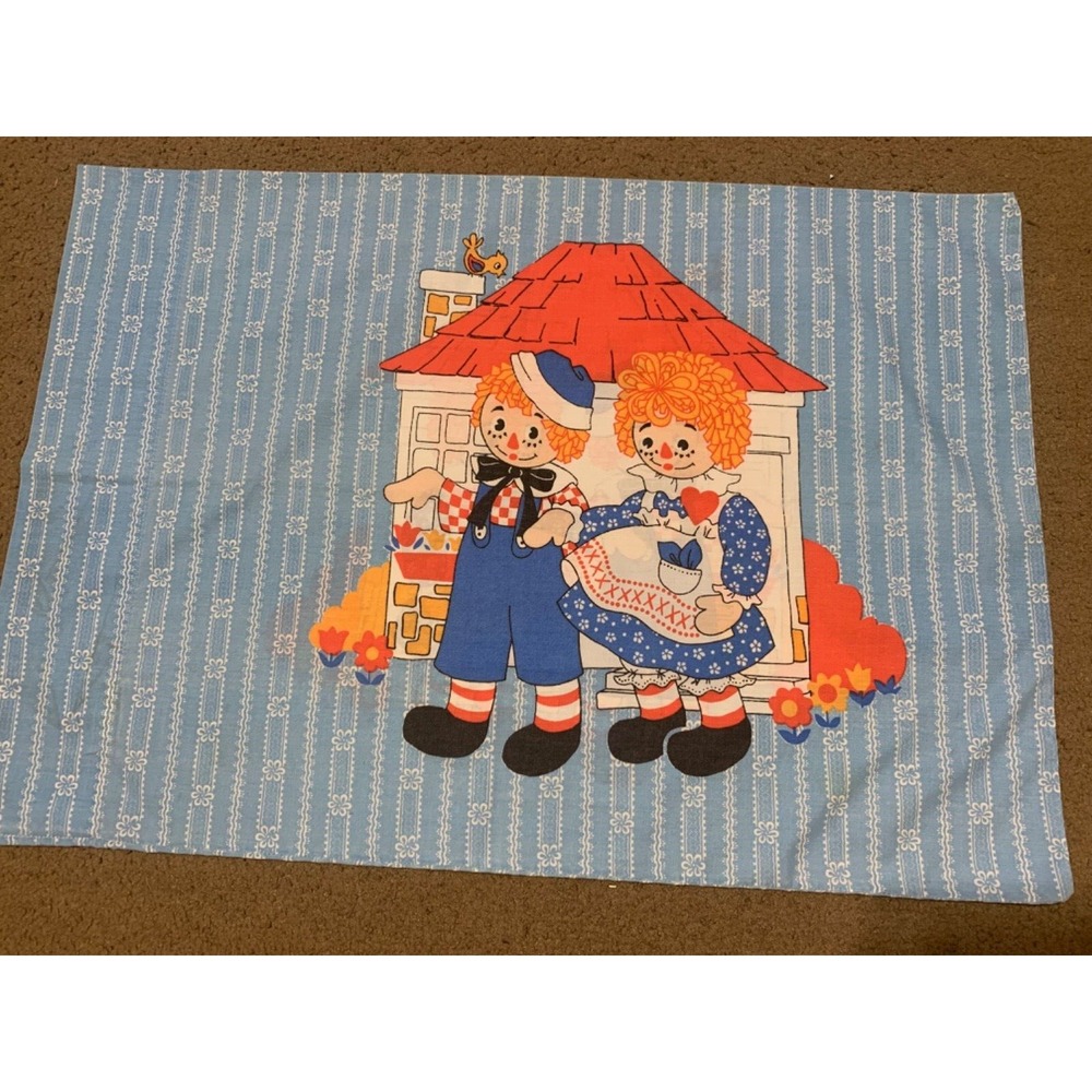 Merrill Company Vintage Blue Raggedy Ann And Andy Pillowcase Stains Wear